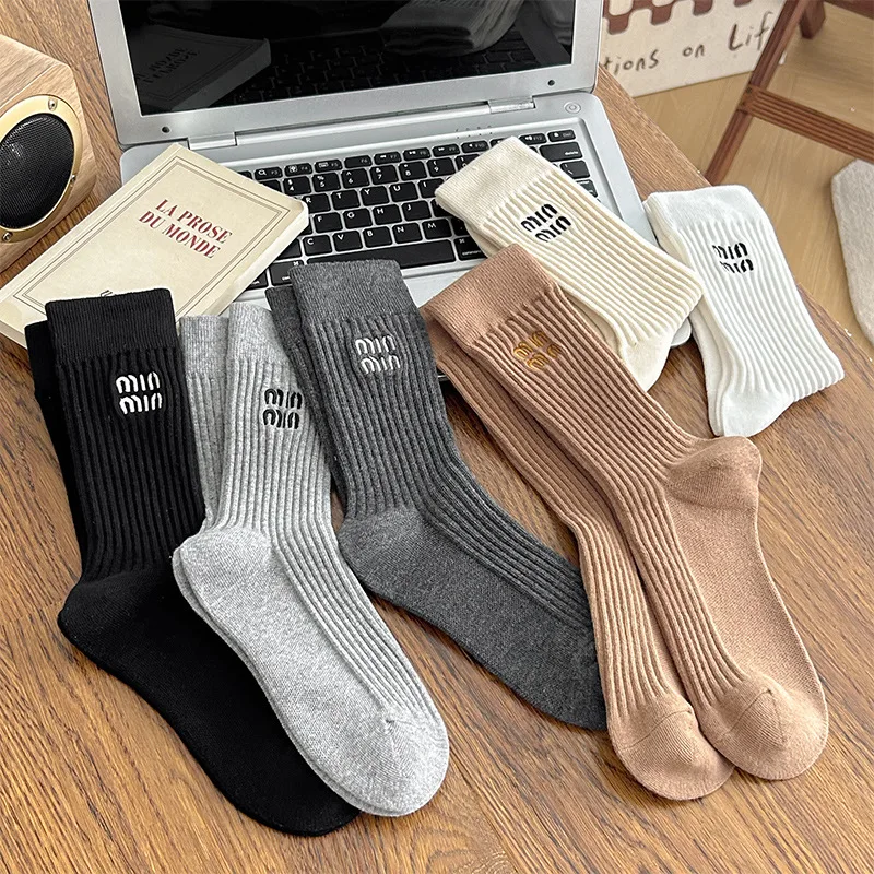 5 Pairs Winter Socks Women Brand Designer Fashion Stockings Socks Luxury Embroidered Letter Mid Tube Socks image 6