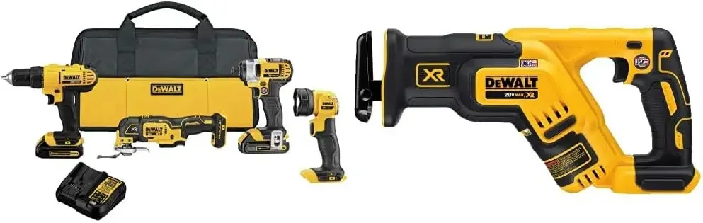 DEWALT 20V MAX* Cordless Drill Combo Kit,4-Tool (DCK444C2) with DEWALT 20V MAX* XR Reciprocating Saw,Compact, Tool Only(DCS367B)