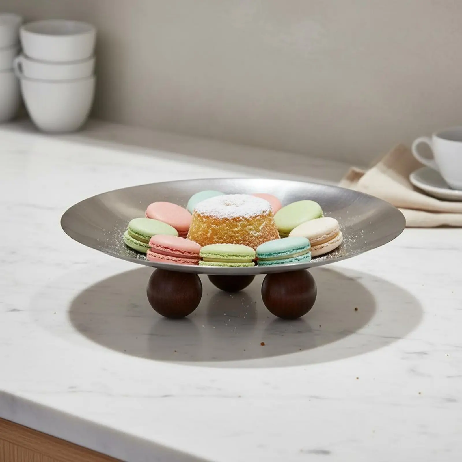 

Metal Plate with Wood Sphere Feet Wooden Sphere Base Round Decorative Tray Cake and Snack Serving Dish Artistic Centerpiece