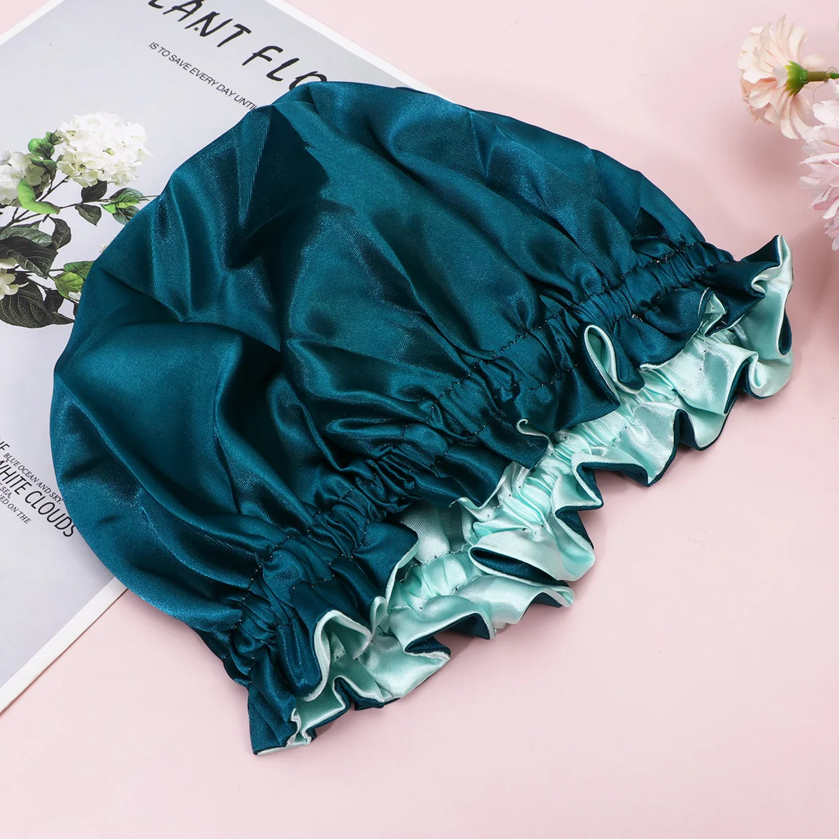 قبعة نوم من الساتان للأطفال خفيفة الوزن لحماية الشعر مع حافة مرنة للاستخدام المنزلي أثناء النوم - أخضر فاتح #3