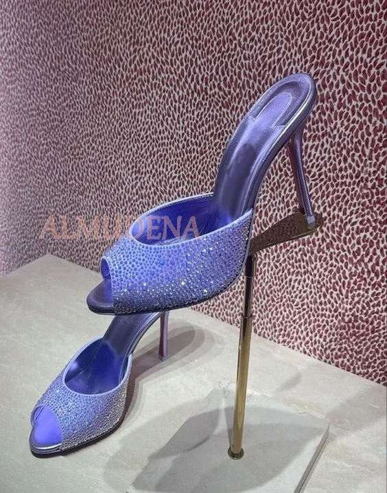 

Purple Crystal Thin Heel Peep Toe Sandals Pvc Mules Women Plus Size Slipper Heels Party Dress Luxury Designer Wedding Shoes