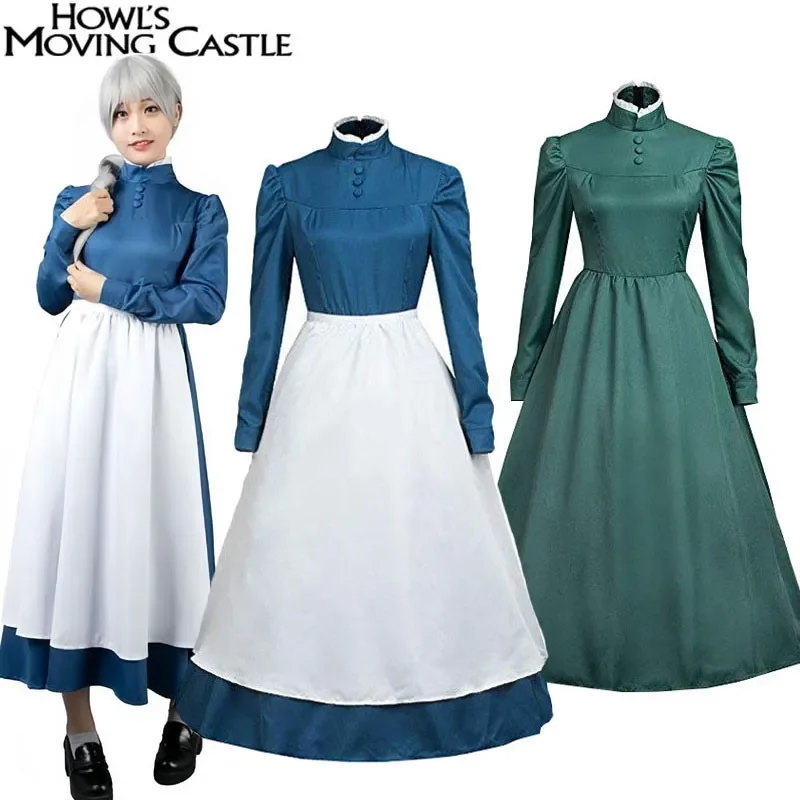 Castelo em Movimento Howl Anime Fantasia de Cosplay Feminina, Vestidos Sophie, Chapeleiro, Vestido Longo, Avental, Halloween