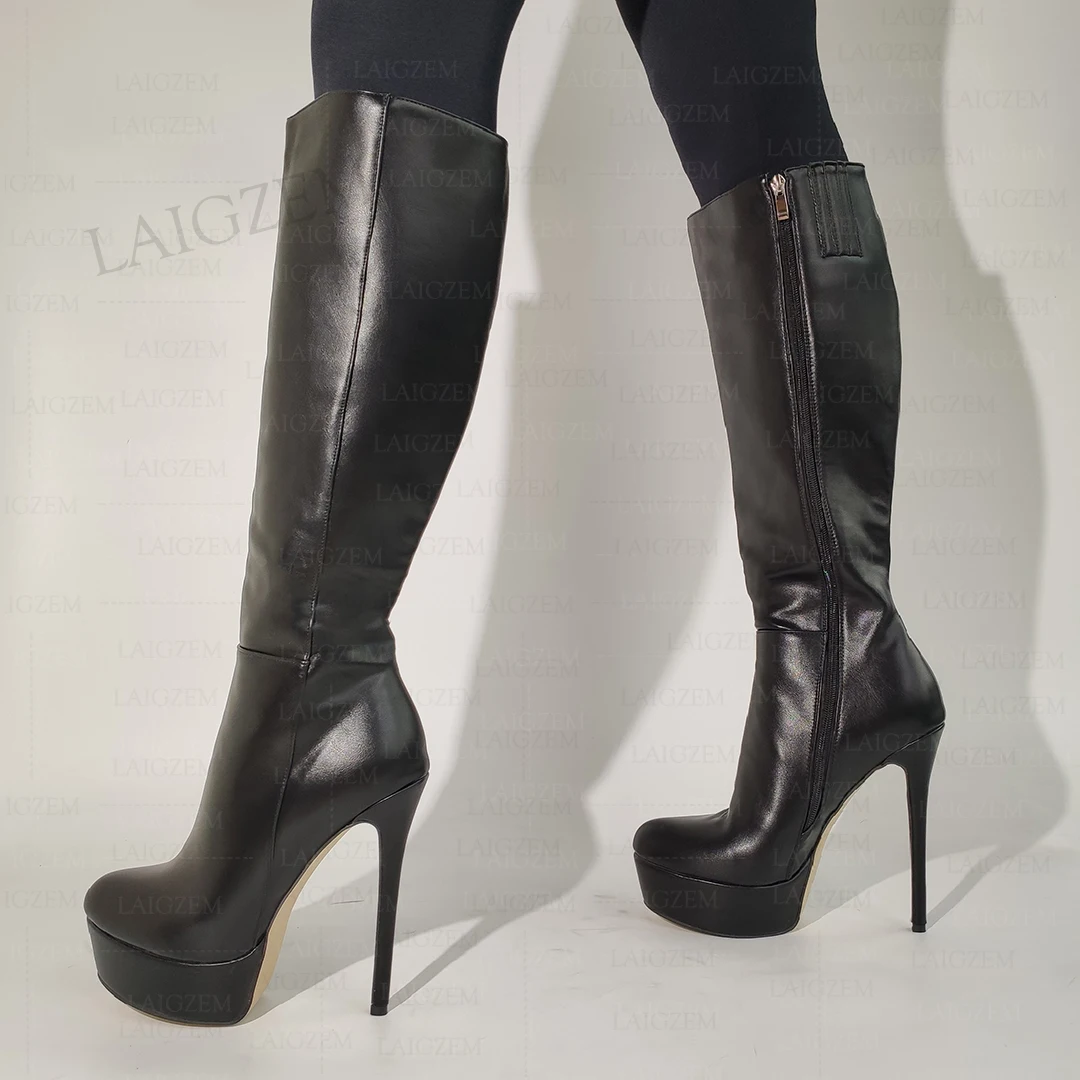 LAIGZEM Women Knee High Boots Platform Full Zip Up Thin High Heels Faux Leather Boots Ladies Shoes Woman Big Size 41 44 46 50 52