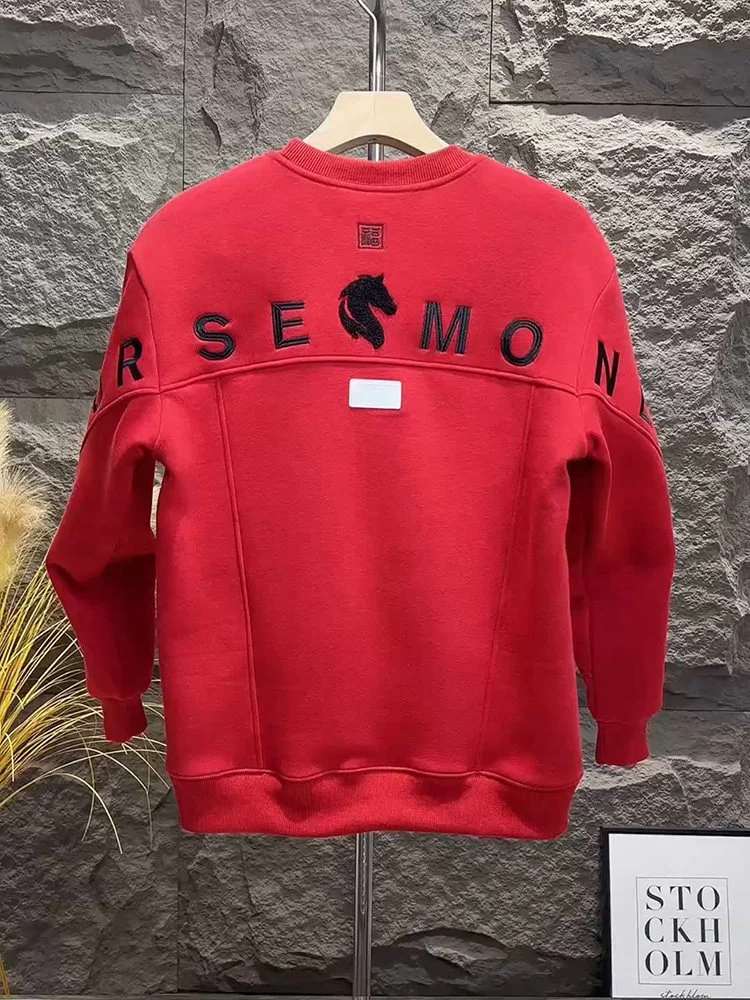 

High-End Fce-Lined Thi Red round Ne Long Sve Men's Sweatirt Casual Sle Heavy Embroidery Outerwear Spring 2026