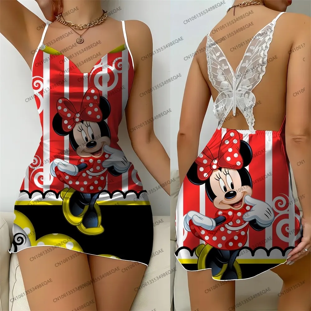 2025 New Women's Disney Cartoon Print Summer Short Dress Elegant Suspender Sleepwear Sexy Backless Crew Neck Lace Dress