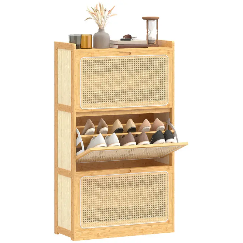 Meuble à chaussures 14 paires, armoire à chaussures 3 tiroirs rabattables, étagères réglables 69x29x119.8cm bois naturel