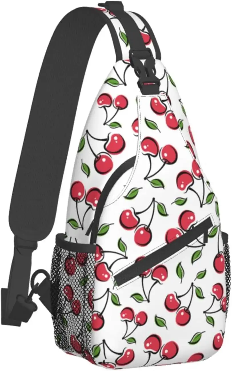 Sling Bag Cherry White Red Hiking Daypack Crossbody Shoulder Backpack Travel Chest Pack for Men Women Hiking Travel Casual