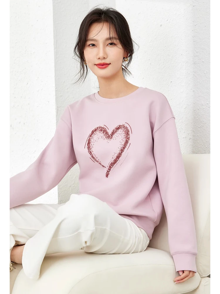 Vimly Heart Sequins Embroidery Pink Sweatshirt Long Sleeve Top for Women 2024 Spring New Casual Sports O-neck Pullovers M5883