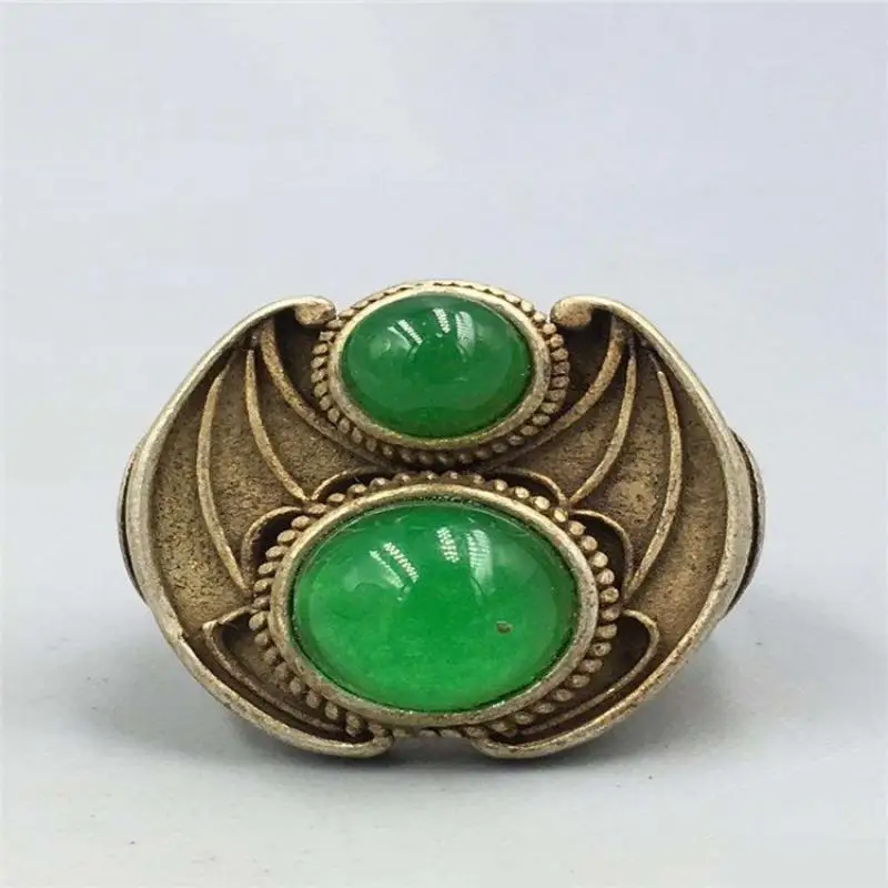 China Tibet Tibetan Ethnic Style Cupronickel Silver Plated Mosaic Green Gem Ring Women's Pattern Open Ring Adjustable Unisex