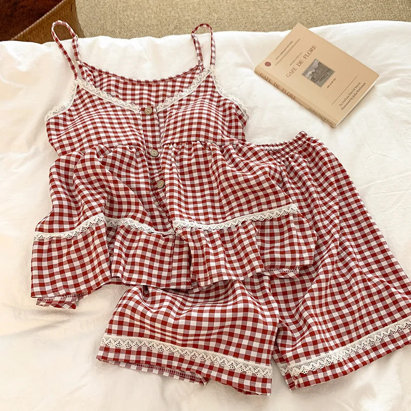 Suspender Pajamas Women's Summer Day 2026 New Plaid Sexy Belt Chest Pad Sweet Cotton Loungewear