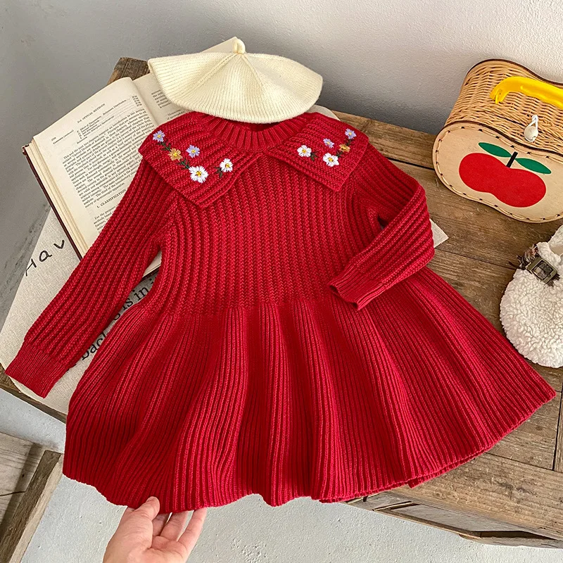 2025 Spring Autumn Baby Girls Knitted Princess Dress Flower Embroidery Long Sleeve Red Dresses Toddler 2-7 Years Cute