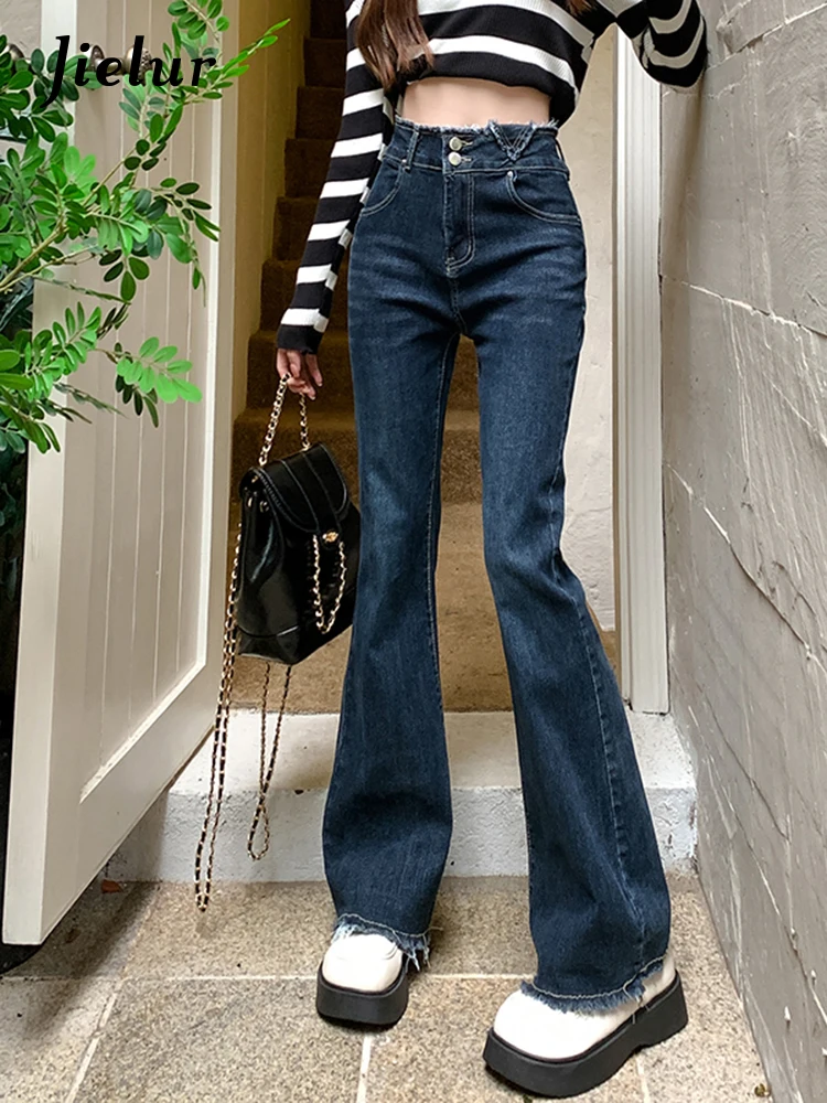

Jielur Джинсы женские с бахромой шикарные Простые повседневные брюки-клеш с завышенной талией Классические джинсовые брюки уличная одежда винтажные синие джинсы