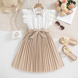 Kids Dress For Girls White Petal Sleeves Pleated Khaki Skirt &Bow tie Preppy Style Elegant Birthday Party Clothes For 8-12 Years