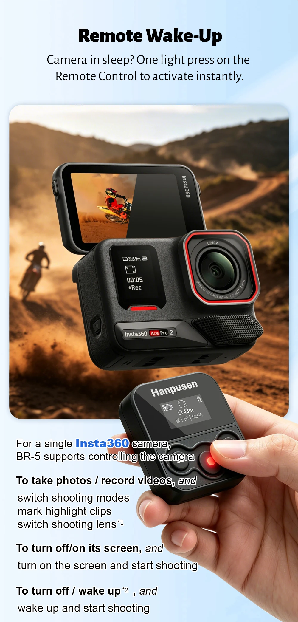Wasserdichte Bluetooth-Fernbedienung für Action-Kameras für Insta360 X3/X4/X4Air/X5/Go3/Go3s/Ace; für DJI Action 6/4/5 Pro/OSMO 360 – Detail 8