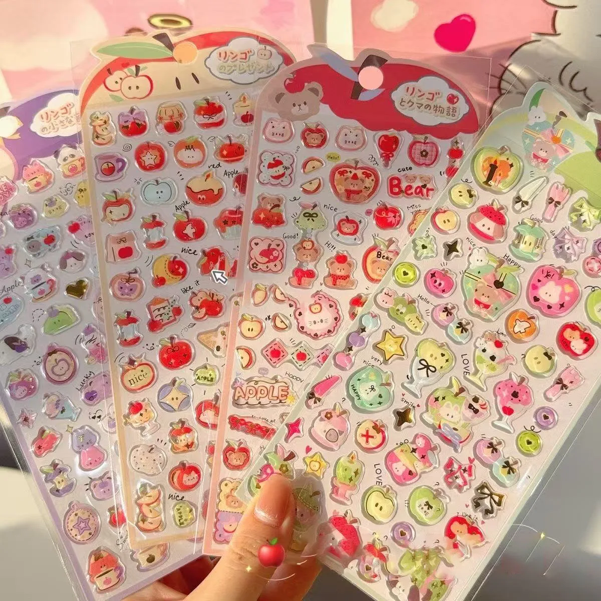 4PCs Apple Crystal Embossed Three-dimensional Cartoon Animal Stickers Girl Cute Hand Account Ccd Mobile Phone Case Decoration