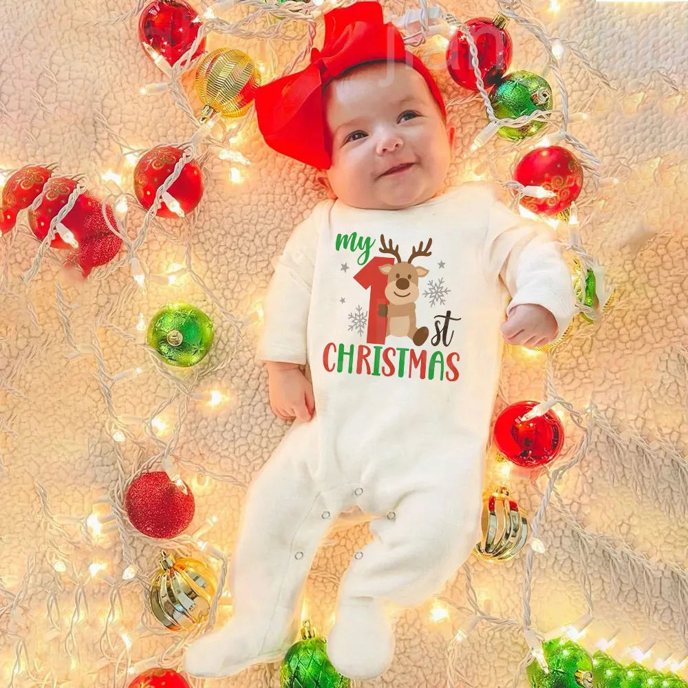 My 1st Christmas Printed Baby Babygrow Sleepsuit Newborn Bodysuit Xmas  Outfit Toddler Long Sleeve Romper Infant Baptism Clothes