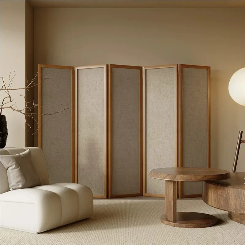 New Chinese cotton and linen solid wood folding mobile screen home entry living room entrance partition background wall decorati
