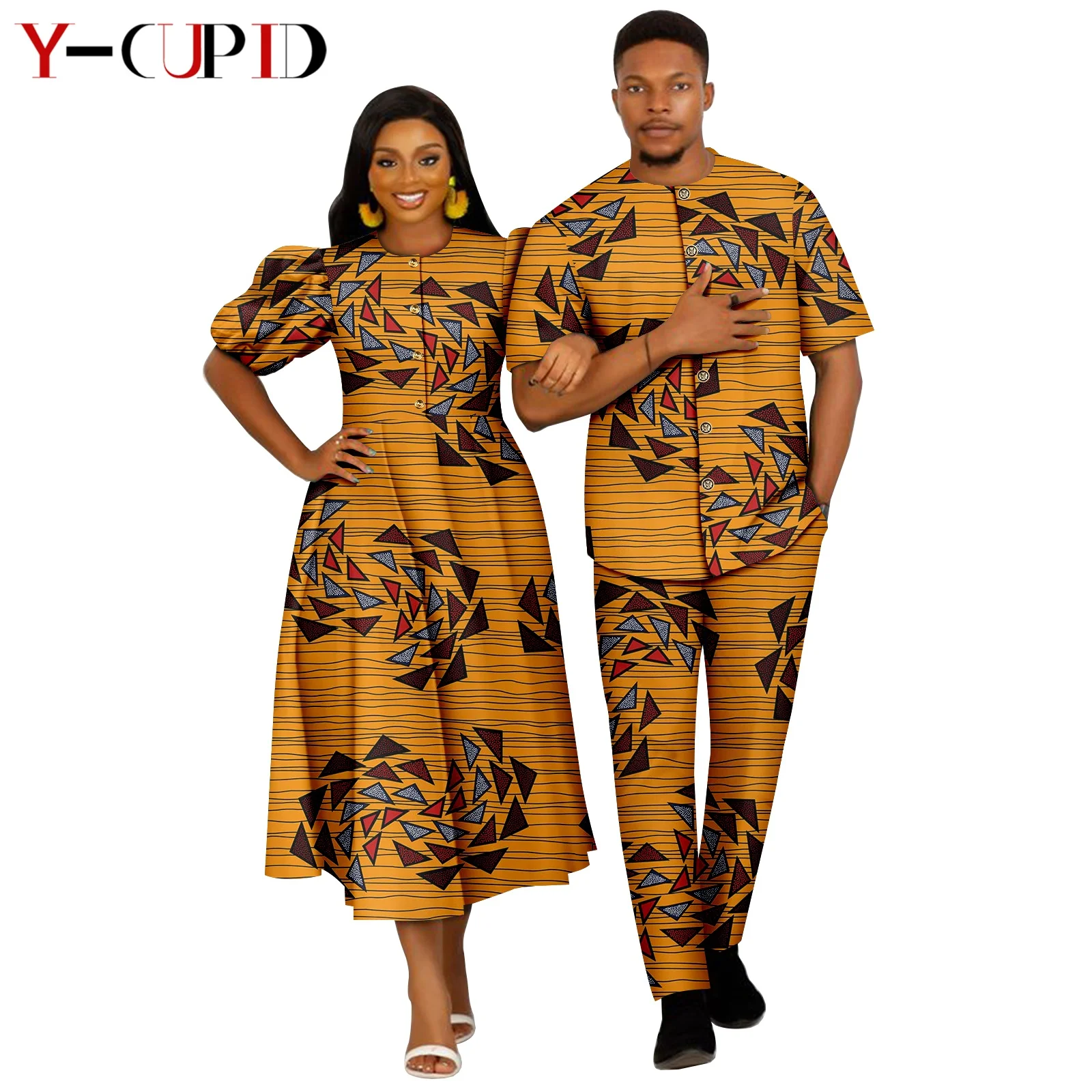 

African Print Dresses for Women Matching Couples Clothes Dashiki Men Outfit Bazin Riche Top Shirt and Pant Sets 24C074