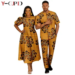 African Print Dresses for Women Matching Couples Clothes Dashiki Men Outfit Bazin Riche Top Shirt and Pant Sets 24C074
