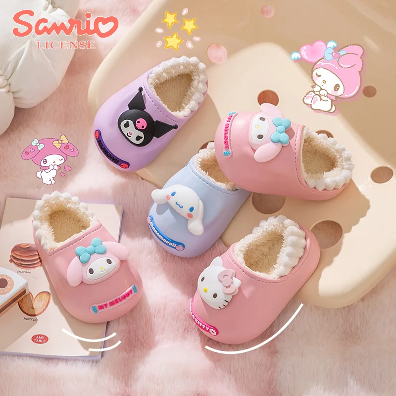 Kuromi Sanrios Winter Child Cotton Slippers New Water Proof Keep Warm Anti-Slip Indoor Home Include Heel Plush Girl Cotton Shoes