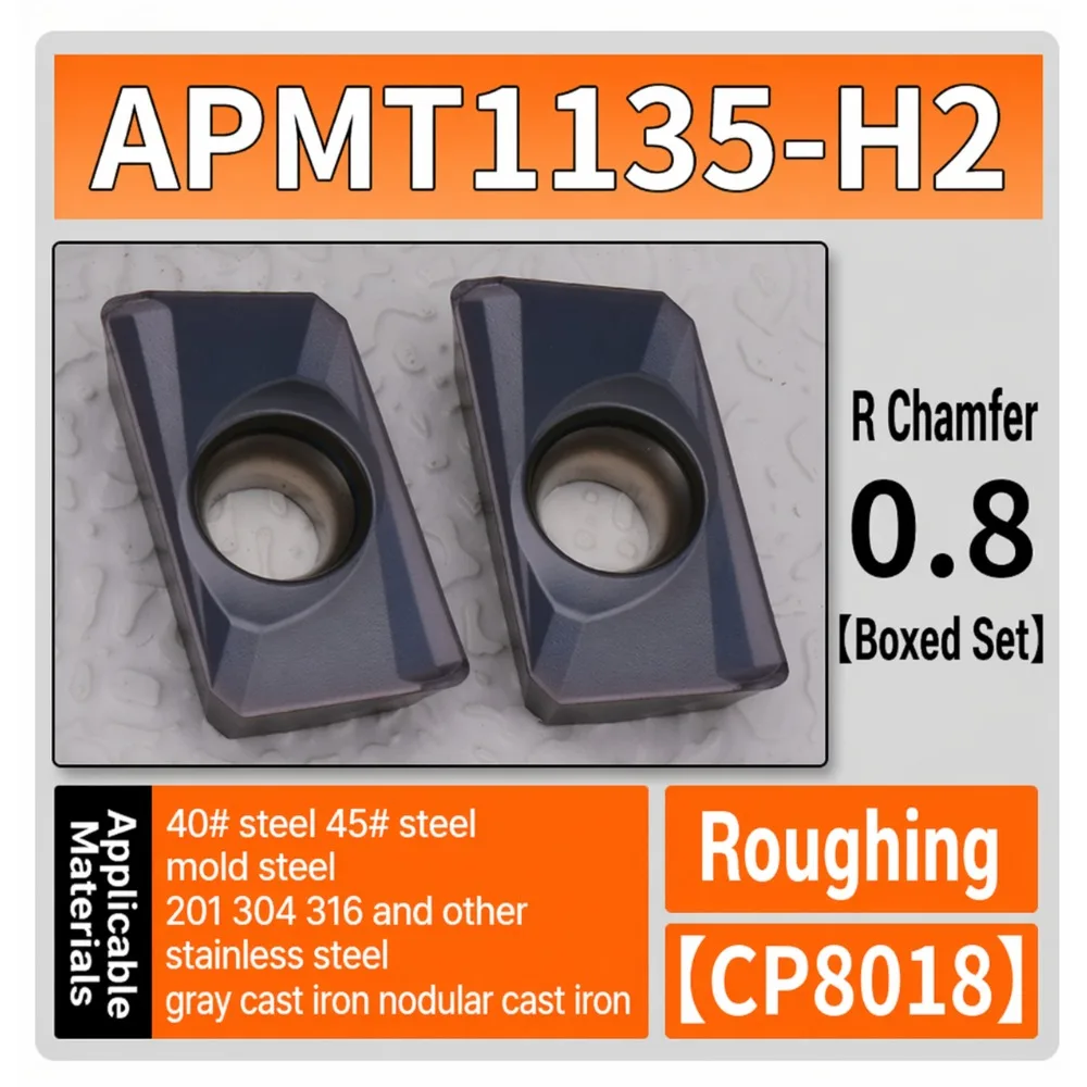 10pcs APMT1135-H2 Carbide Milling Insert R0.8 PVD Coated for Carbon Steel Stainless Steel Cast Iron Roughing