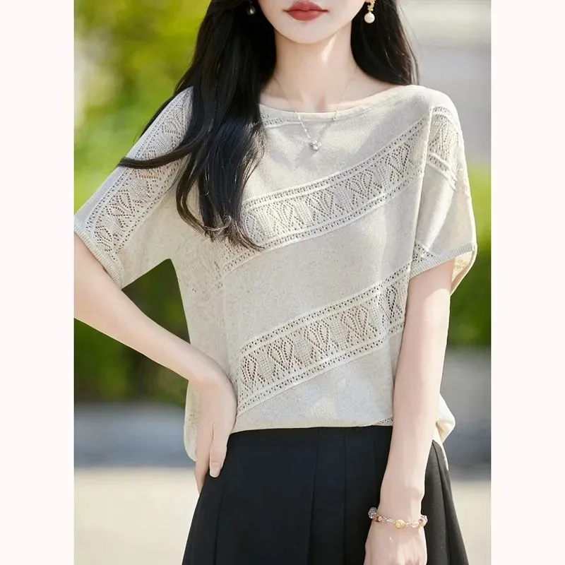 Hollow Jacquard Boat Neck Tencel Knit Top Women Batwing Sleeve Loose Summer Blouse
