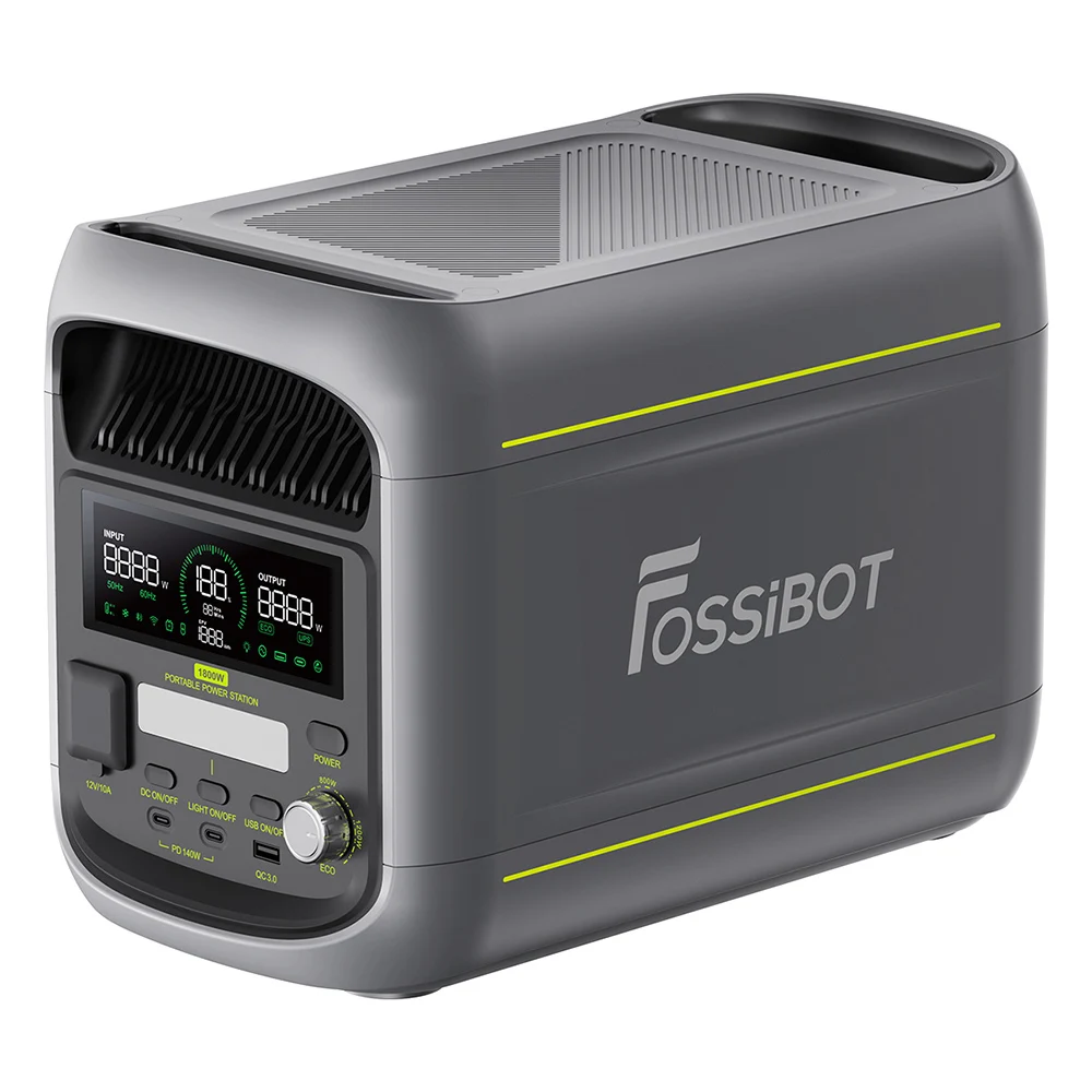 Station d'alimentation portable FOSSiBOT F1800, 1024Wh LiFePO4, sortie AC 1800W, charge ultra-rapide AC 1200W et solaire 500W, sorties USB/Type-C/voiture multi-ports, contrôlée par application, silencieuse avec UPS inférieur à 10ms