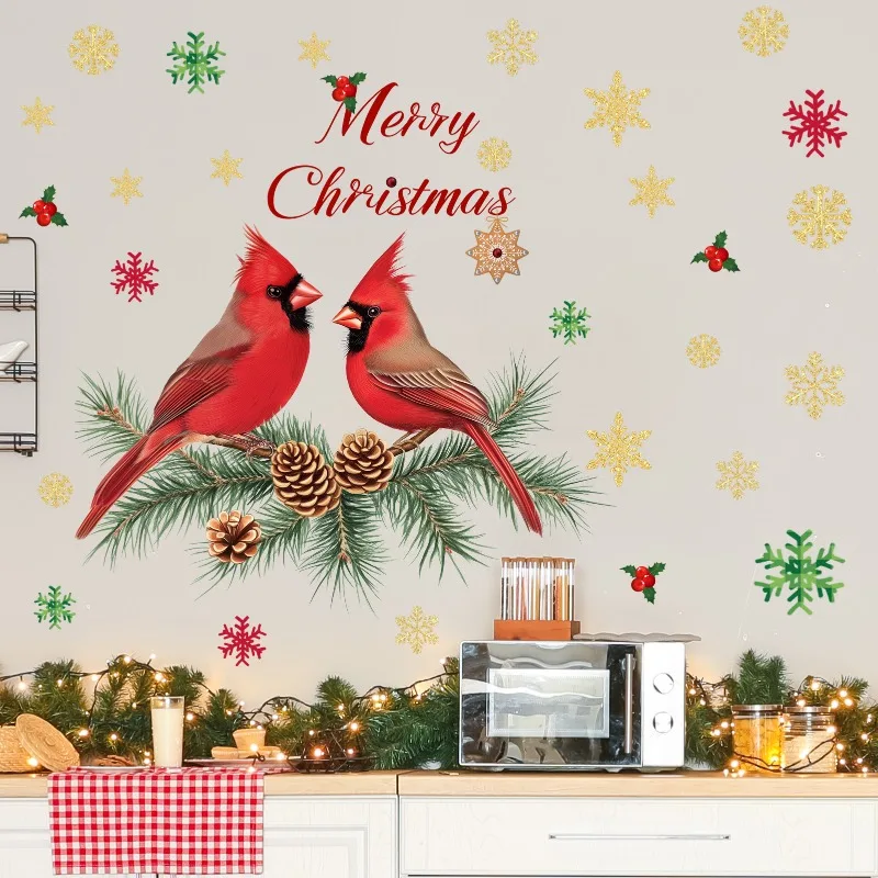 Christmas Colorful Parrot Pine Cone Snowflake Party Bedroom Porch Home Decoration Wall Sticker