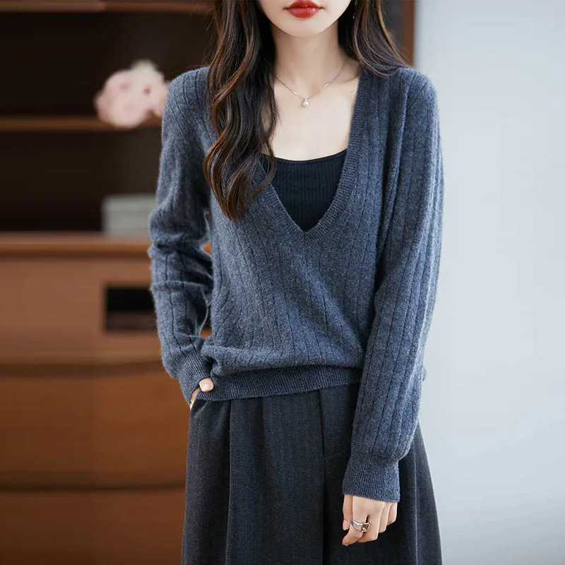 Women Fashionable Pullover New100% Merino Wool V- Neck Solid Color knit Wide Drawstring Skin Friendly Comfortable Top Clothing