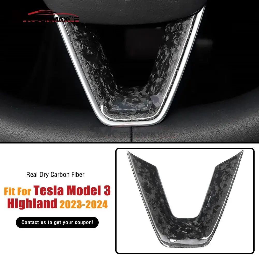 

Forged Carbon Fiber Car Interior Steering Wheel Trim Decoration Cover Interior Accessories For 2023 2024 Tesla Model 3 Highland