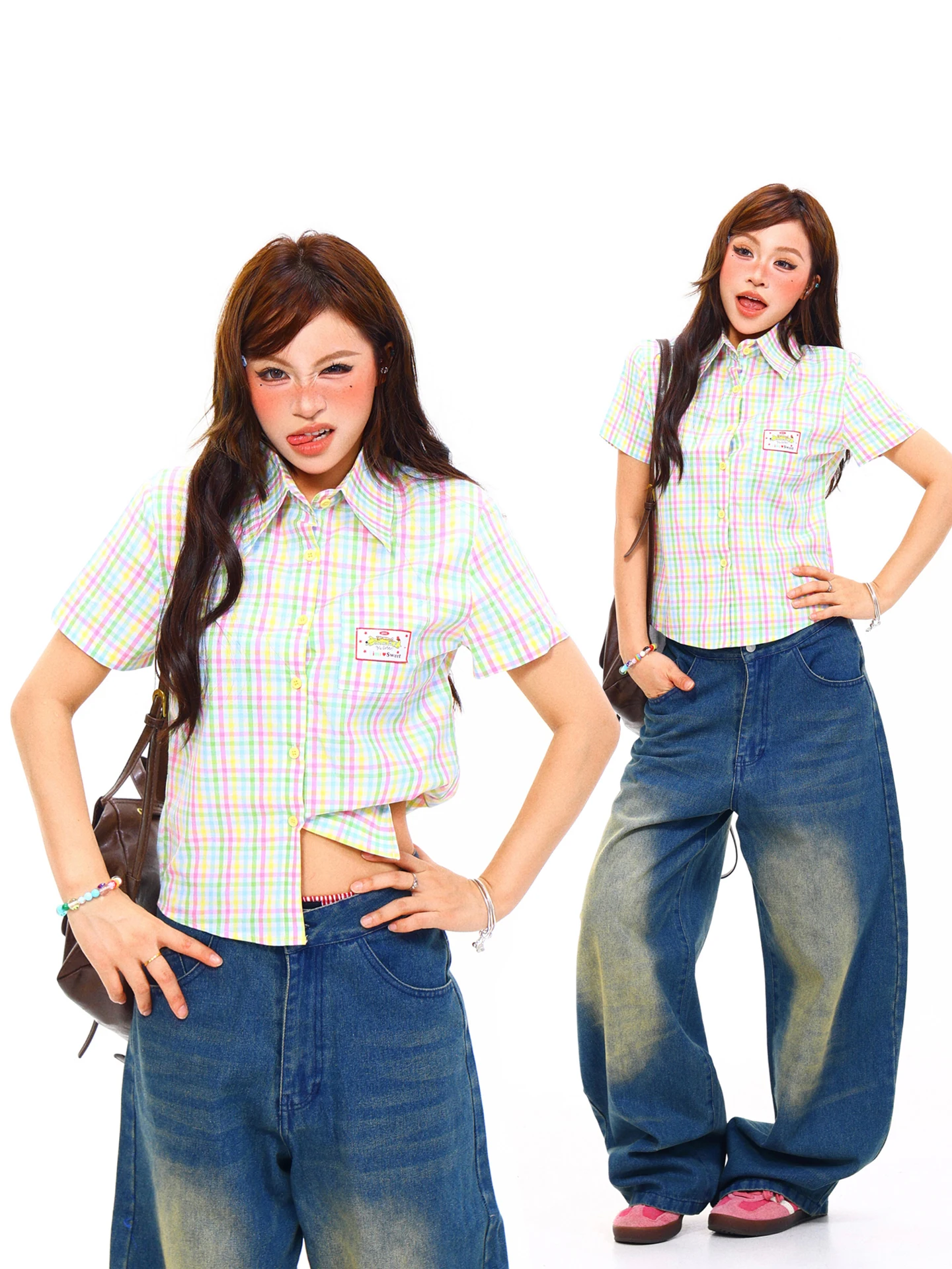 

Light Blue American Style Plaid Short Sleeve Shirt Women Summer Slim Fit Shirt Shoulder Width Regular Cotton Casual Shirt