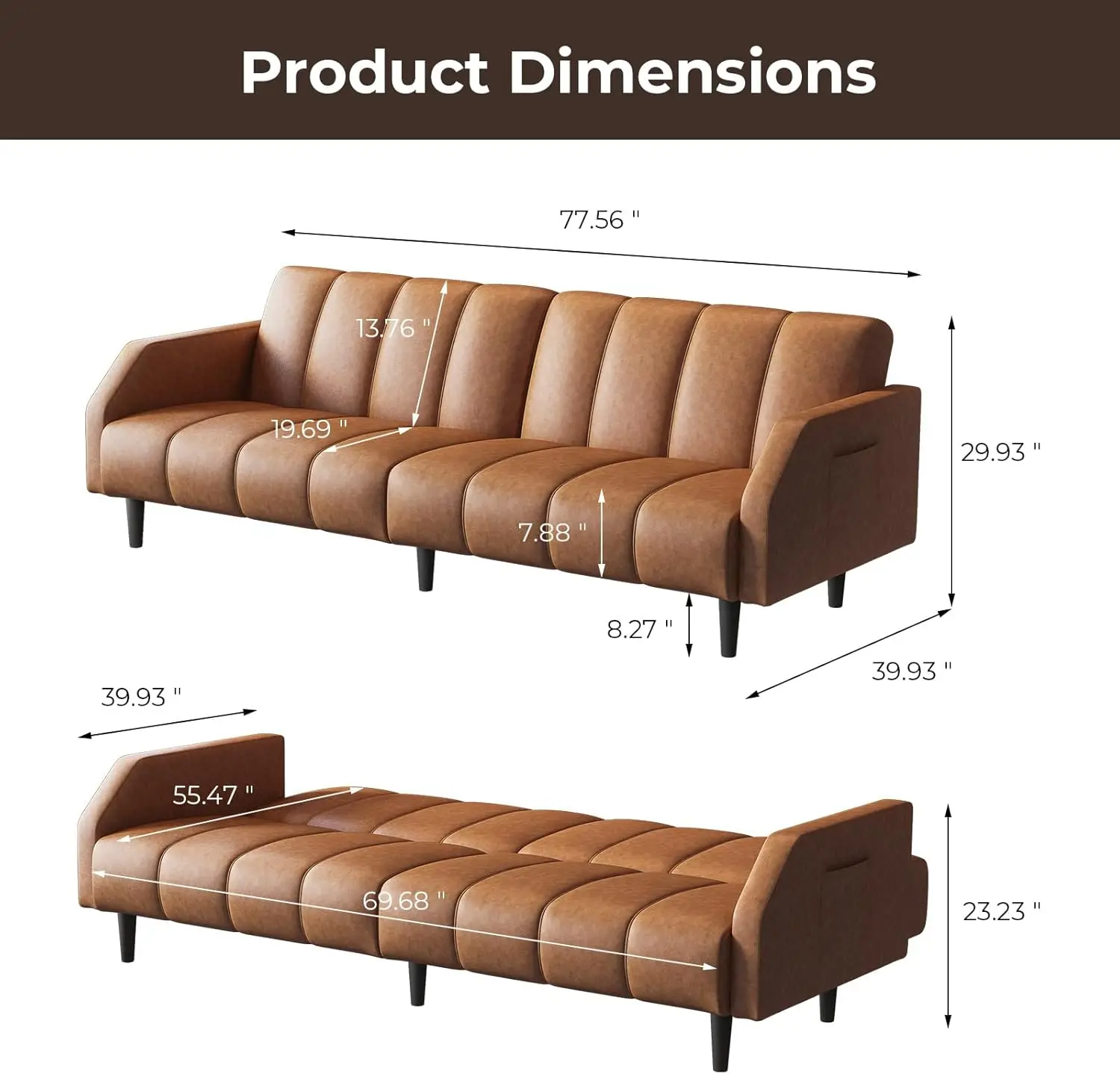 78''Futon Sofa Bed Couch,2 Seater Faux Leather Futon Sleeper Couches with Adjustable Sofa Backrest,Convertible Loveseat Sofa Bed