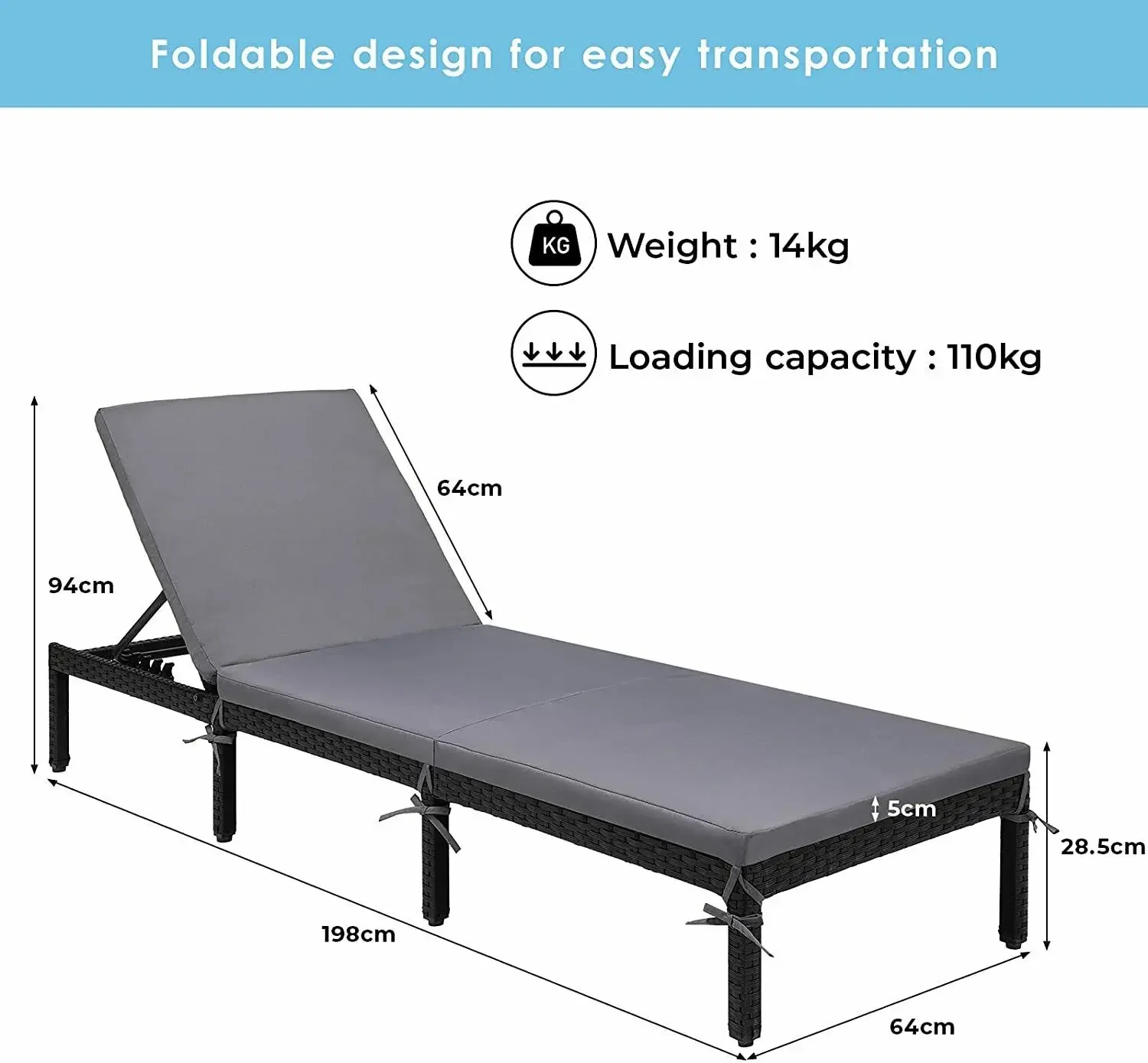Cuscino addensato per chaise longue, set di poltrone da piscina con struttura in acciaio in rattan