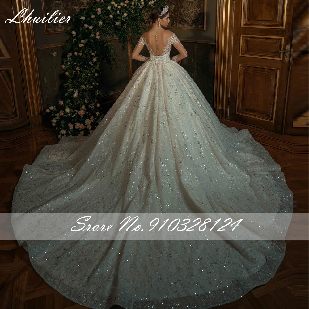 Lhuillier Ball Gown Lace Wedding Dresses Luxury Princess Beaded Full Sleeves Bridal Dress with Cathedral Train