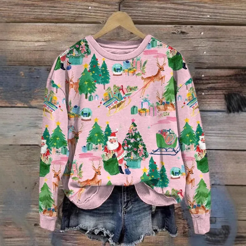 Round Neck Printed Top Regular Length Individual Streetwear with Print Long Sleeve Shirts Loose Long Sleeve T Shirt for Women