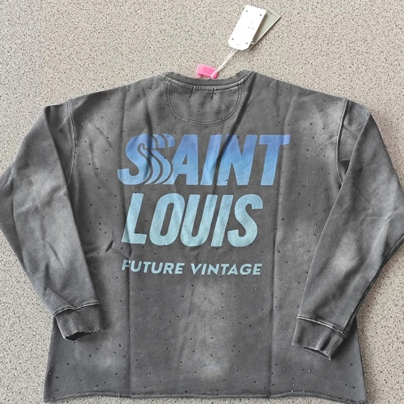 25ss Washed Black SSSAINT LOUIS Sweatshirts Men Women Best Quality Casual Pure Cotton Saint Michael Rhinestone Hoodies