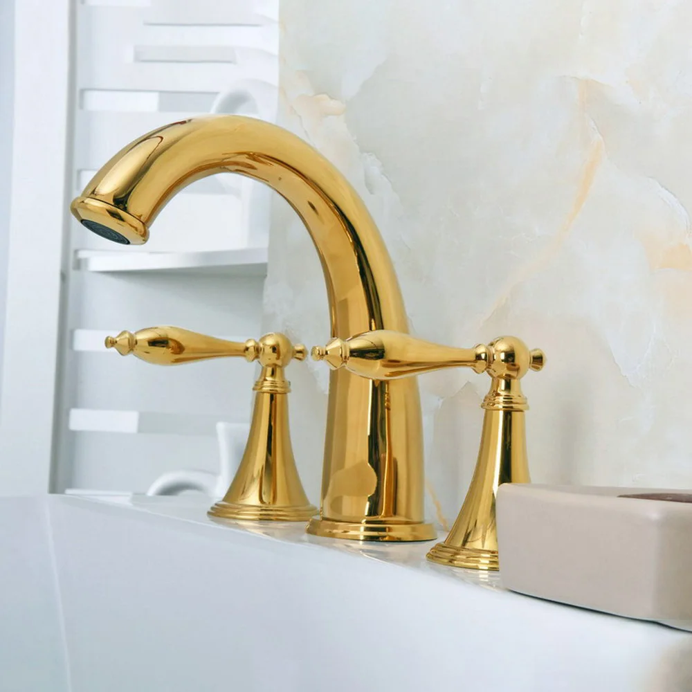 Grifo de baño de latón dorado, 3 agujeros, doble manija, grifos de agua para lavabo, grifo de lavabo de baño generalizado, grifo mezclador para fregadero Lgf020