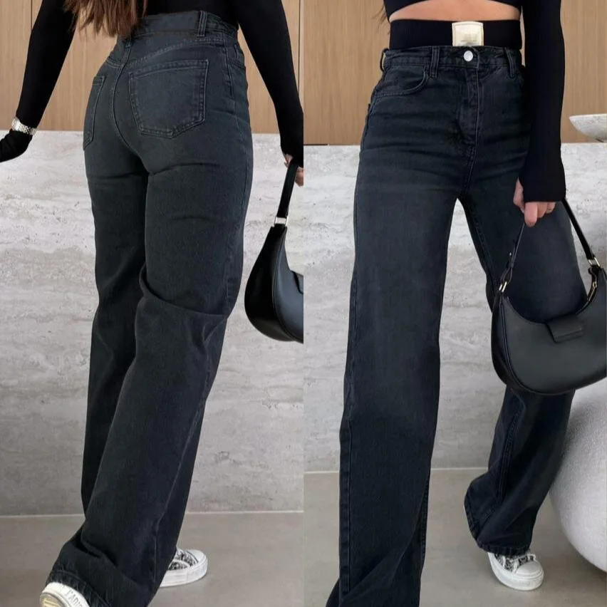 

Джинсовые прямые брюки, женские винтажные джинсы, эластичные брюки со средней талией, потертые карманы, женские брюки полной длины, уличная одежда 2025 г.
