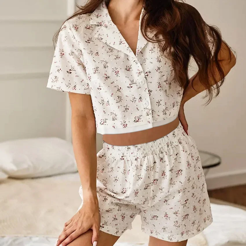 

2025 New Summer Printed Comfortable Loose Cotton Breathable Short Sleeve Home Two Piece Sleepwear Set