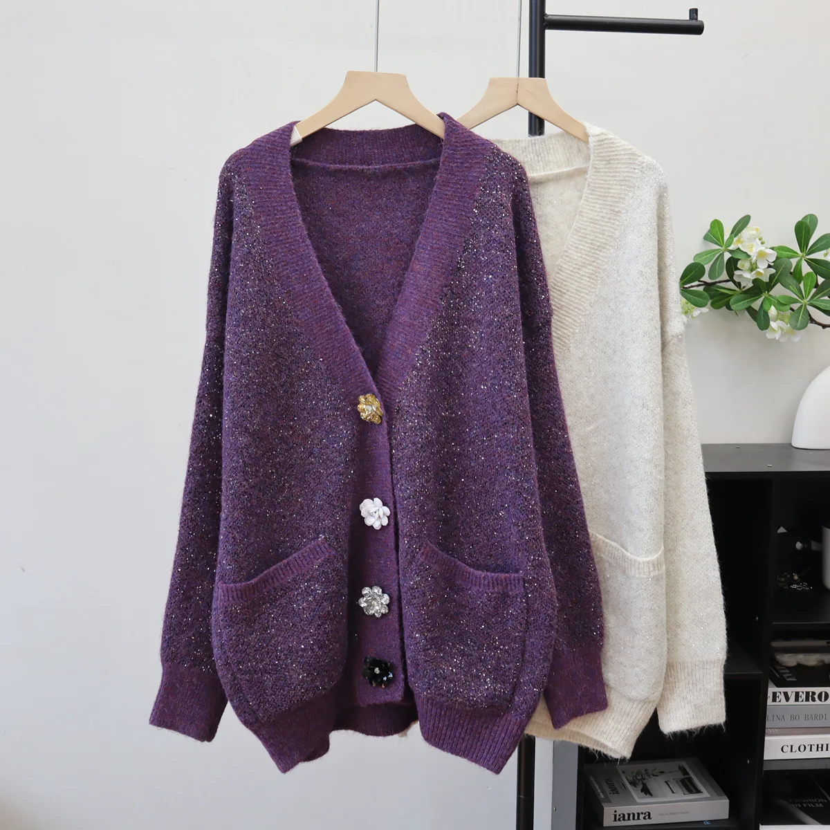 

Women Knitted Cardigan Sweaters Mid Length Jumpers 3D Floral Sequin Pocket V Neck Long Sleeves Loose Casual 2025 Autumn Winter