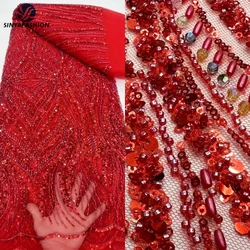 Sinya Red Crystal Beads Sequins African Nigerian Lace Fabric 2024 High Quality French Tulle Embroidery Beaded Lace Fabric Luxury