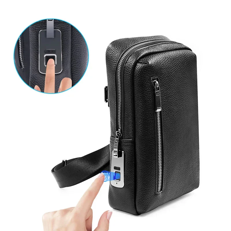 Fashion custom men waterproof leather smart fingerprint lock travel chest bag anti theft Crossbody bag