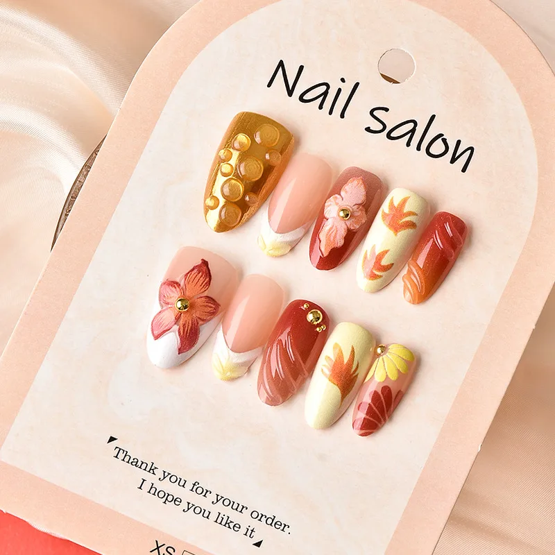 

24PCS Almond Shape False Nails Autumn Brown Maple Leaf Gilt Press on Nails Painted 3D Flower French Luxury Design Manicure Daily