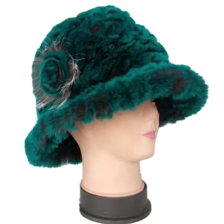 

New Design Natural Rex Rabbit Fur Hat Women Luxury Handmade Knitted Fashion Soft Bucket Hats with Floral Winter Headwear