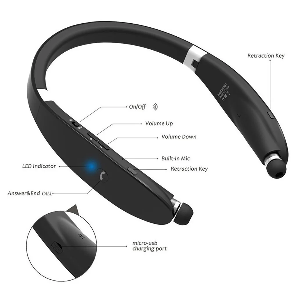 Wireless Bluetooth 5.0 Neckband Folding & Flexible Headset Anti-lost In Ear Waterproof Sports Earphones Hifi Stereo Bass Earbuds