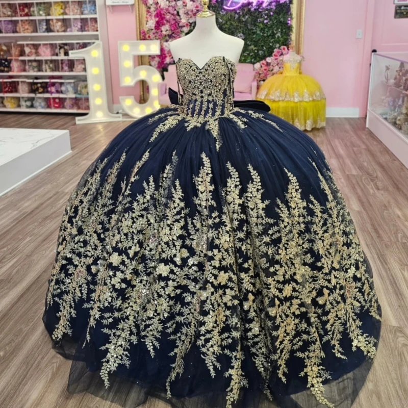 

Темно-синее блестящее бальное платье Quinceanera Платья с открытыми плечами и аппликацией из кружева с бусинами и бантом из тюля для вечеринки, дня рождения, сладкое платье 16, Vestid