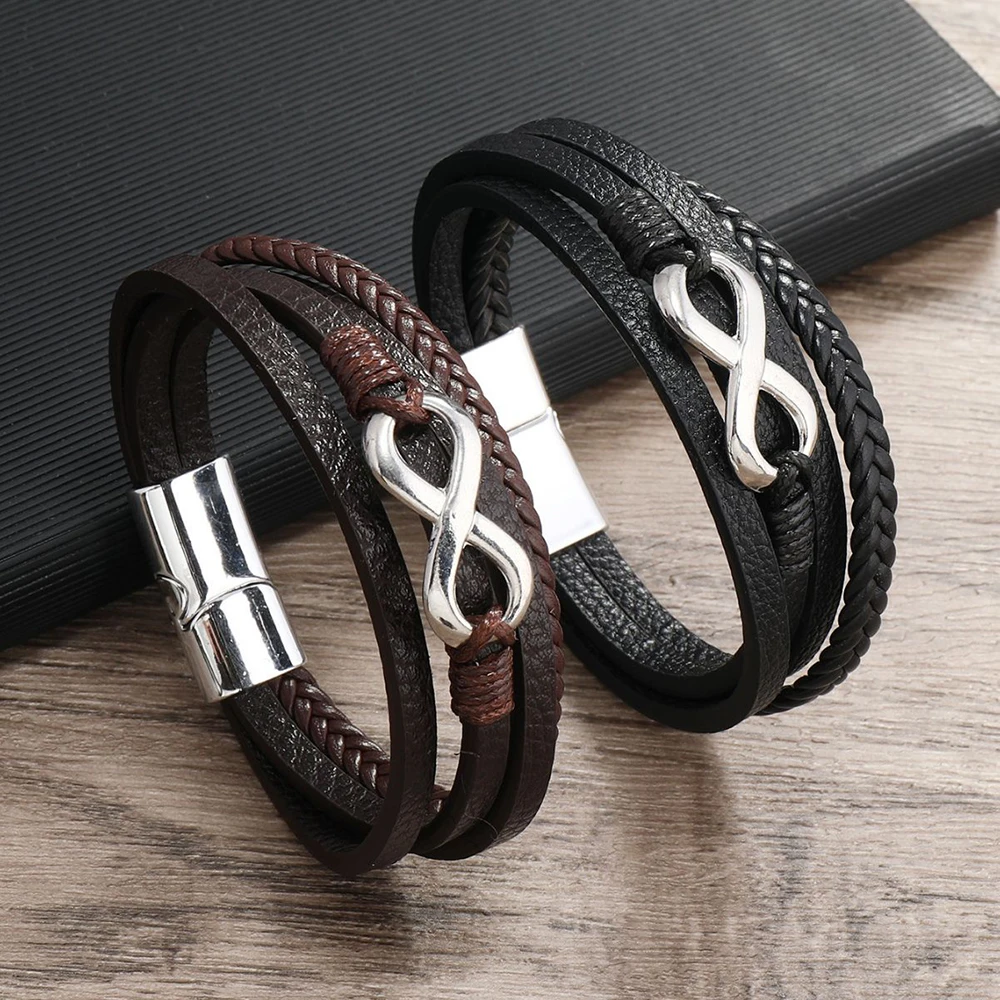 Bracelet en cuir PU avec symbole infini, Bracelet en cuir PU tissé multicouche avec Attraction magnétique, cadeau de bijoux pour Couple