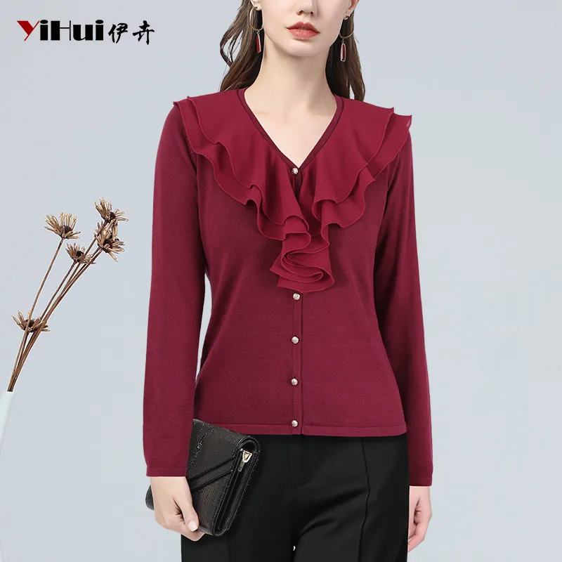 Womens Ruffles Ultra-thin Cardigan Sweater Long Sleeve V-Neck Stretchy Knitted Top Fashion Casual Cotton Sweaters