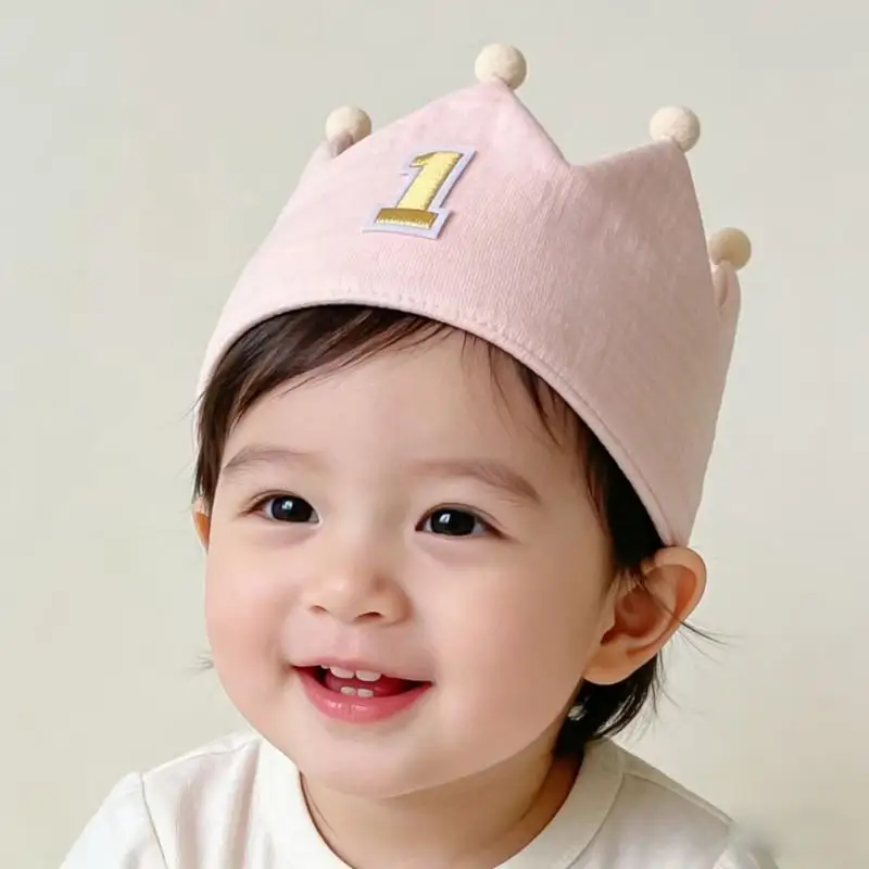 

Delicate First Birthday Crowned Cap for Newborns 0-1 Year Breathable Cotton Hat Special Occasion Photoshoot Props A2UB