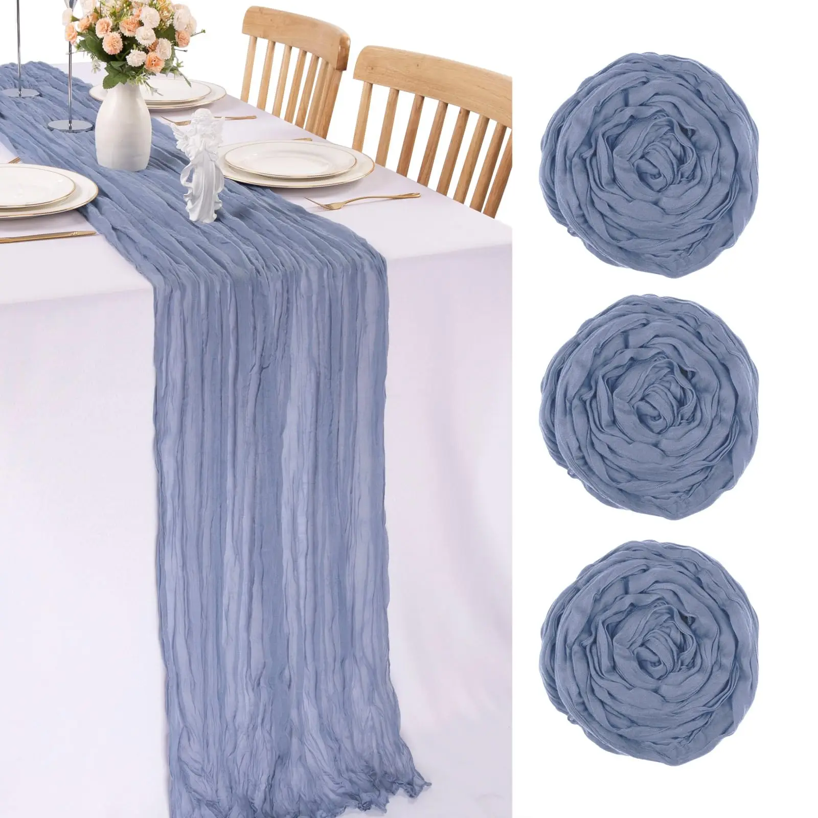 Set of 3 Semi-Sheer Dusty Blue Table Runner Gauze Cheesecloth Table Setting Dining Wedding Party Christmas Arches Cake Decor